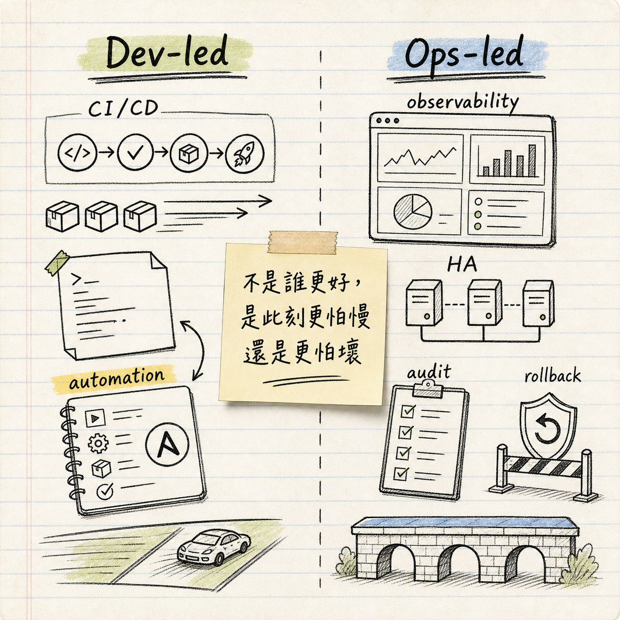 KAI 手寫筆記風格圖：Dev-led DevOps 偏交付加速，Ops-led DevOps 偏穩定性、可觀測性、審計和回滾。