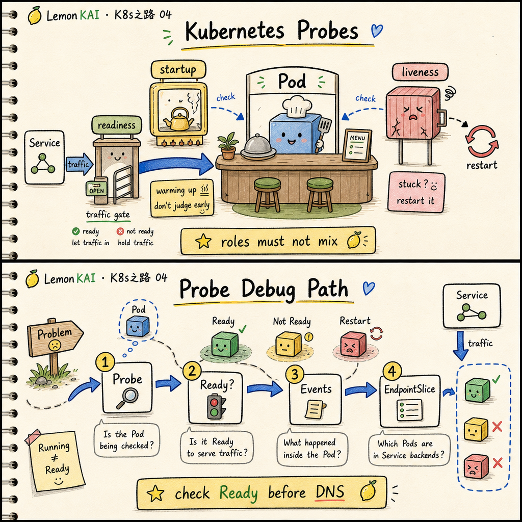 KAI notebook style troubleshooting path for Kubernetes probes: check Probe, Ready state, Events, and EndpointSlice before blaming DNS.