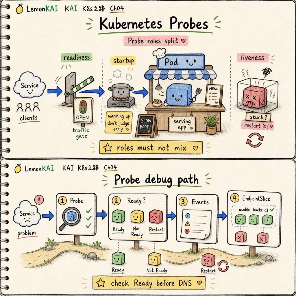 KAI notebook style diagram showing startup, readiness, and liveness probes as separate roles around one Pod, with readiness controlling Service traffic and liveness restarting stuck containers.