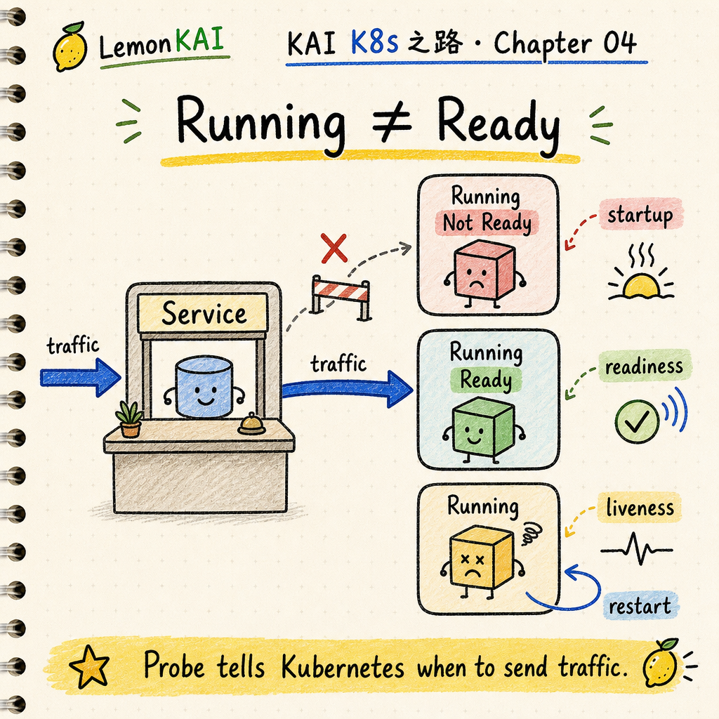 KAI notebook style diagram showing a Service sending traffic only to a Ready Pod while a Running but Not Ready Pod is blocked and a stuck Pod is restarted by liveness probe.
