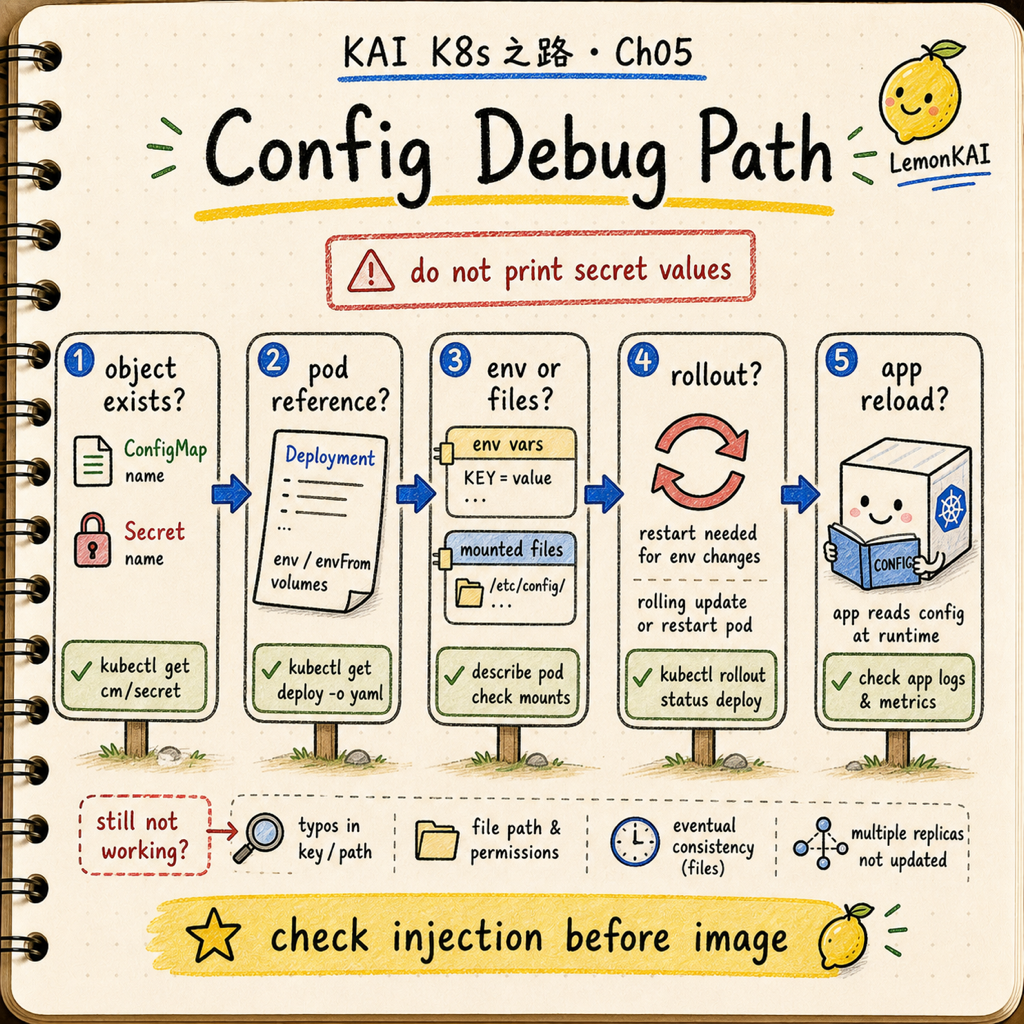 KAI notebook style troubleshooting path for configuration changes: check ConfigMap or Secret object, Pod reference, env or volume injection, rollout, and app reload without printing secret values.