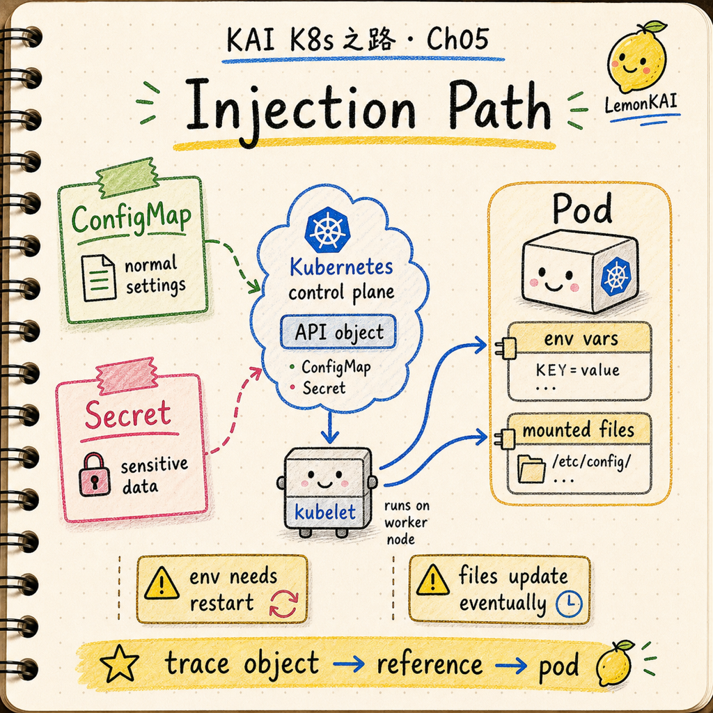 KAI notebook style flow showing ConfigMap and Secret as Kubernetes API objects injected into a Pod through environment variables or mounted files, with a note that env values need restart while mounted files update eventually.