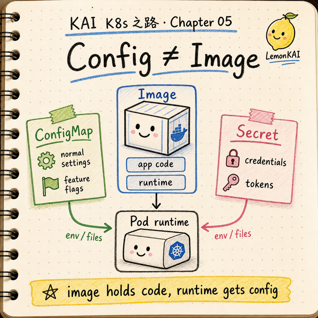 KAI notebook style diagram showing a clean container image receiving non-sensitive settings from ConfigMap and sensitive keys from Secret, with labels app code, normal config, and credentials.