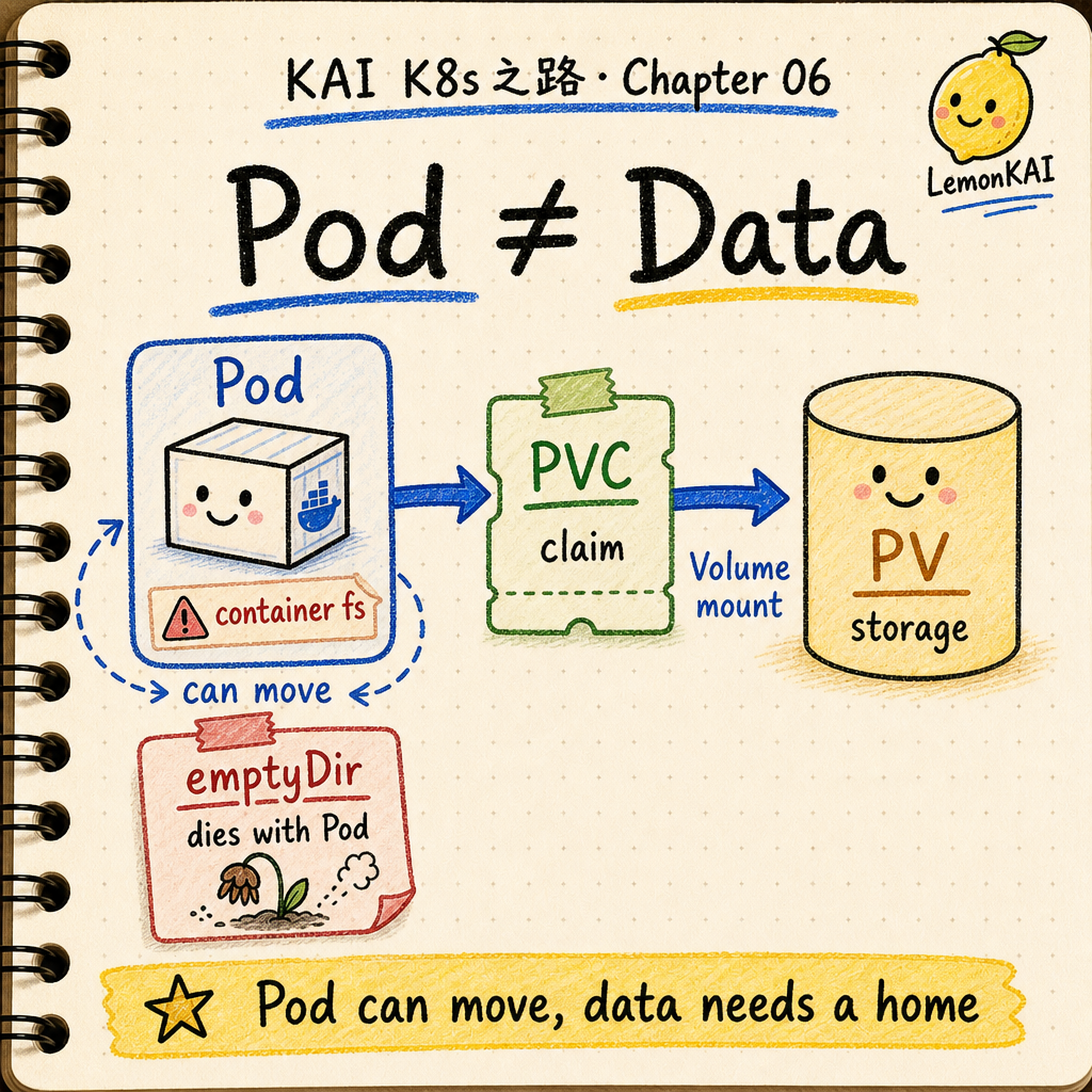 KAI notebook style diagram showing that a Pod is temporary while data should have its own lifecycle through Volumes, PVs, and PVCs.