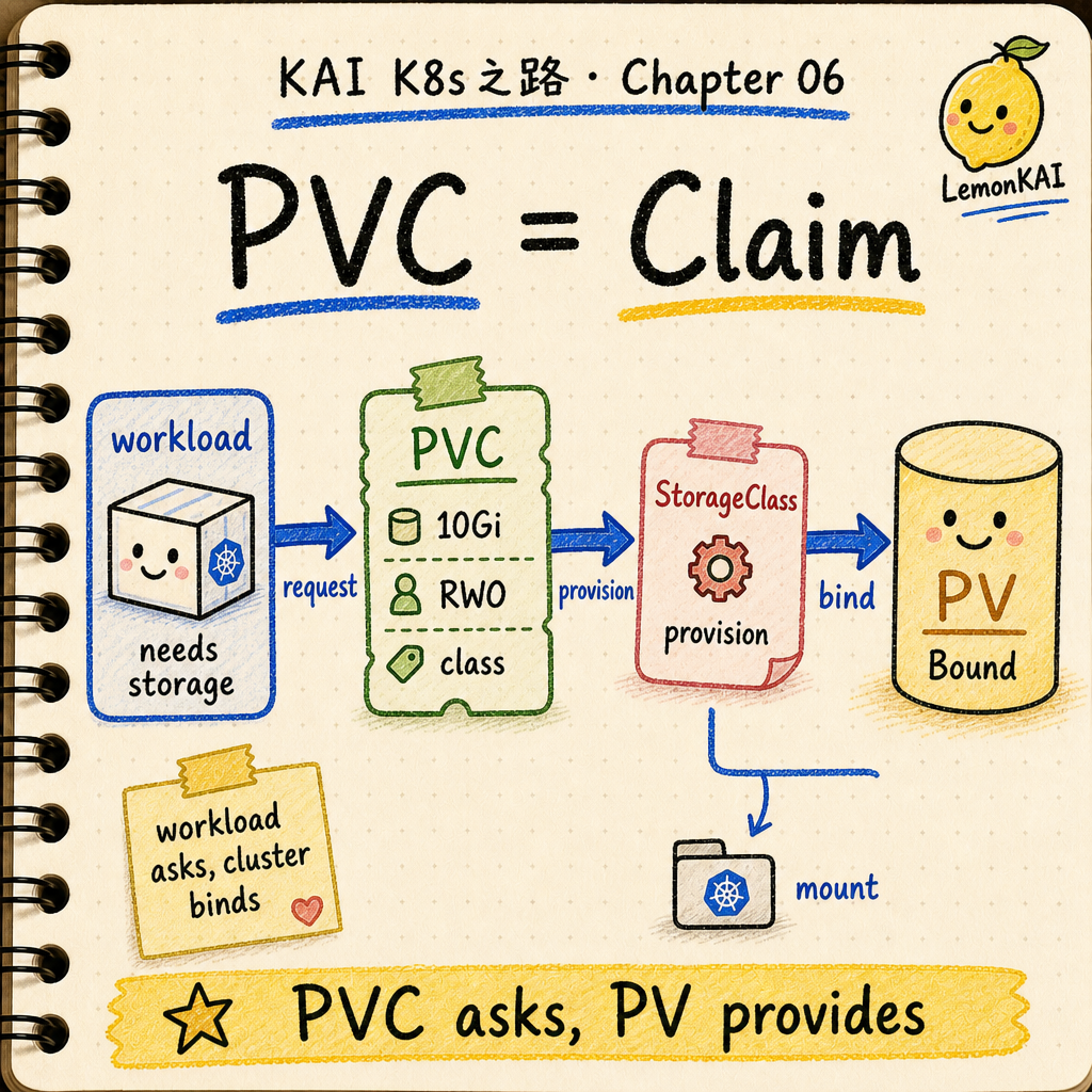 KAI notebook style PVC, StorageClass, and PV binding flow: a workload requests storage with a PVC, the StorageClass provisions, and the PV becomes Bound and mounted.