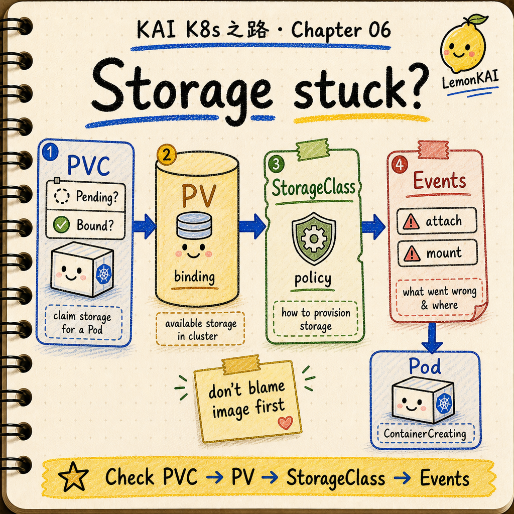 KAI notebook style Kubernetes storage troubleshooting path: check PVC, PV, StorageClass, Events, and Pod mount or attach errors.