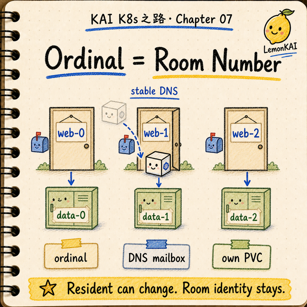 KAI 手寫筆記風格的宿舍房號比喻：StatefulSet 每個 ordinal 像固定房號，各自連到自己的 DNS 信箱與 PVC 置物櫃。
