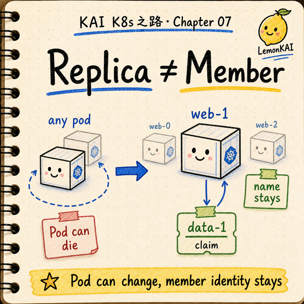 KAI 手寫筆記風格圖：web-0、web-1、web-2 各自保留固定名字、網路身份和獨立 PVC，Pod 重建後仍能找回原本位置。
