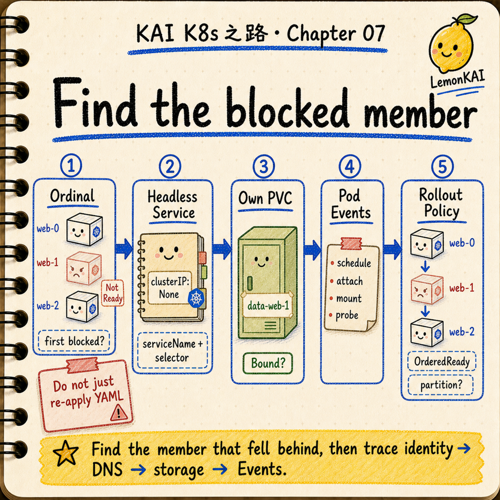 KAI 手寫筆記風格的 StatefulSet 排查路徑：先找卡住的 ordinal，再檢查 Headless Service、對應 PVC、Pod Events 與 rollout policy。